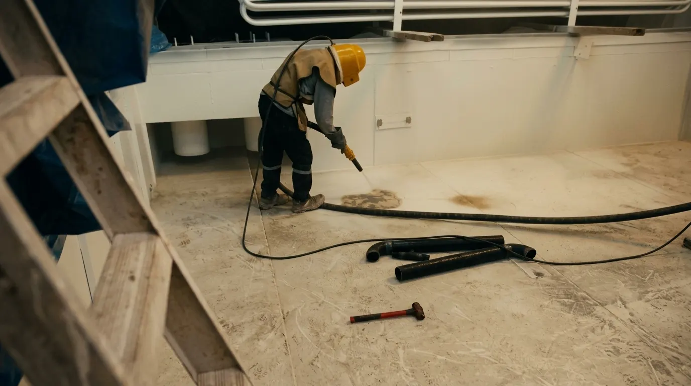 Operario de LUAL arenando el interior de una poza de hielo en la planta del cliente