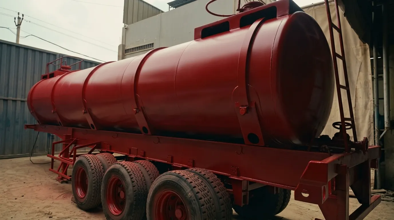 Tanque cisterna para productos químicos sobre semirremolque, arenado y con acabado epóxico rojo