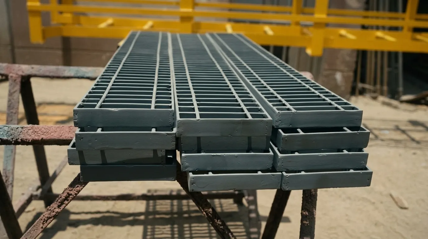 Rejillas de piso tipo grating arenadas y recubiertas, apiladas en el patio de LUAL